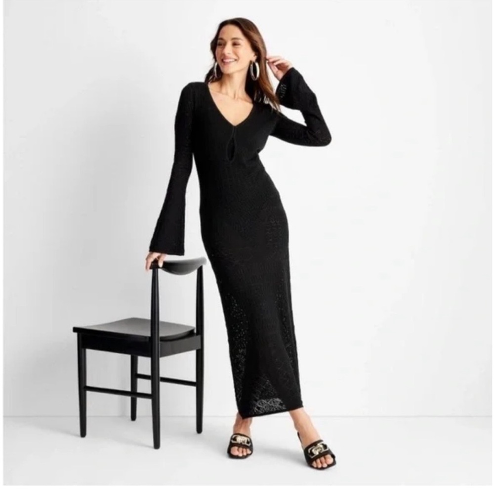 NWT Women's Long Sleeve Open-Work Stitch Midi Dress Future Collective - Picture 3 of 10